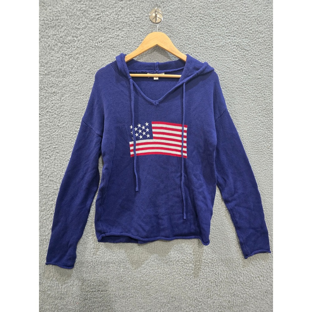 Brit.NY Blue 100% Cotton American Flag Knit Hoodie Sweater Medium Patriotic - Picture 2 of 10